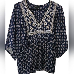 RD & KOKO Bohemian Navy blouse with gold and white threading. Size M